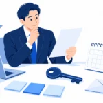 鍵と三枚の付箋、カレンダー、一枚の紙を机で確認して、外注の判断を手元に残すイラスト