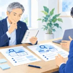 経営者が打ち合わせでチェックリストを見ながら業者の提案を確かめている様子