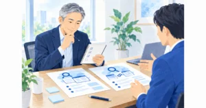 経営者が打ち合わせでチェックリストを見ながら業者の提案を確かめている様子