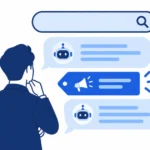 検索窓の下に会話の吹き出しと小さな広告札が並ぶ、AIモード広告のイメージ