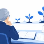 月ごとに数字を記録しながら検索対策の効果を見守る経営者のイメージ