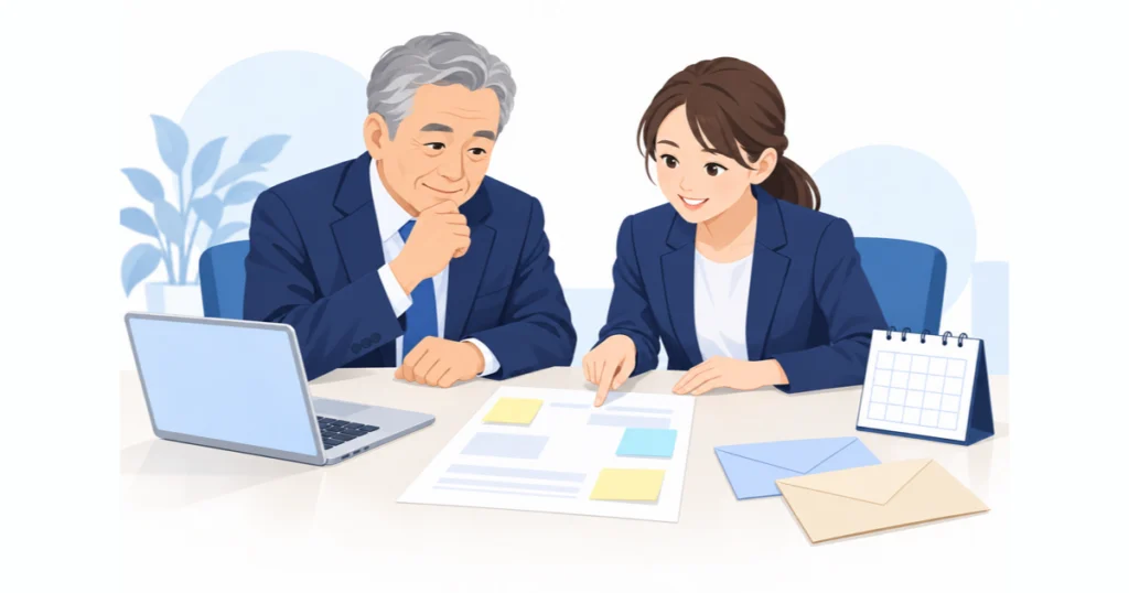 社長と事務担当者が依頼メモとカレンダーを見ながら外注先とのやり取りを確認しているイラスト