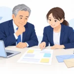 社長と事務担当者が依頼メモとカレンダーを見ながら外注先とのやり取りを確認しているイラスト